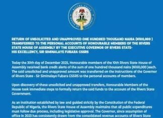 Rivers Lawmakers Reject Fubara’s N100,000 Christmas Bonus, Gives Reason