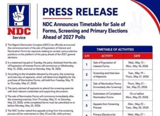 NDC Announces Dates For Primaries, Prices For Presidential, Governorship, Senate, House Of Reps And State House Of Assembly Forms