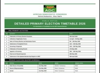ADC Announces Dates For Primaries, Prices For Presidential, Governorship, Senate, House Of Reps And State House Of Assembly Forms