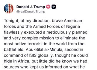 US Carries Out Another Strike In Nigeria, Eliminates ISIS Global Deputy Abu-Bilal al-Minuki
